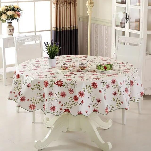 Nappe ronde en PVC imperméable 180 cm ONURTH aux fleurs pastorales bleues pour table de salle à manger