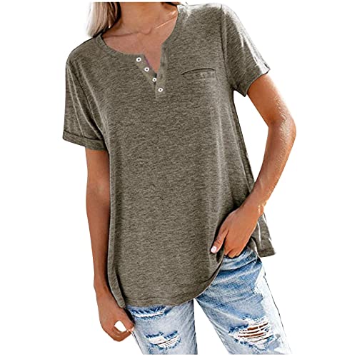 Business Tops For Women 2023 Trendy Summer Short Sleeve Notch V Neck T-Shirt Solid Loose Comfy Tee Shirt Blouse #TOP13