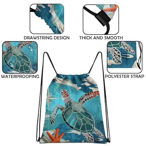 Drawstring Backpack Draw String Sports Bags for Gym Travel Beach Waterproof Cute Sackpack Men Women Aesthetic (13"×17")-Sea Turtle3