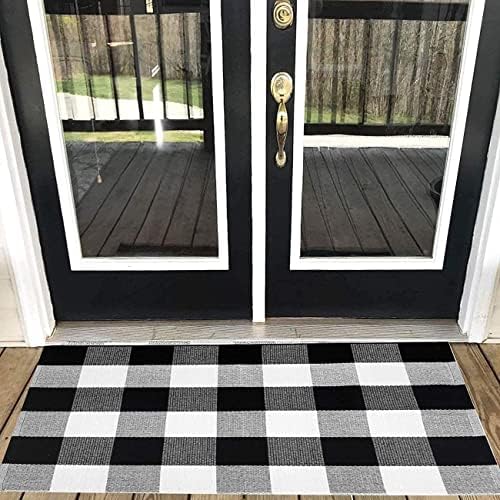 Xuanmuque Black White Buffalo Plaid Rug Cotton Checkered Doormat Plaid