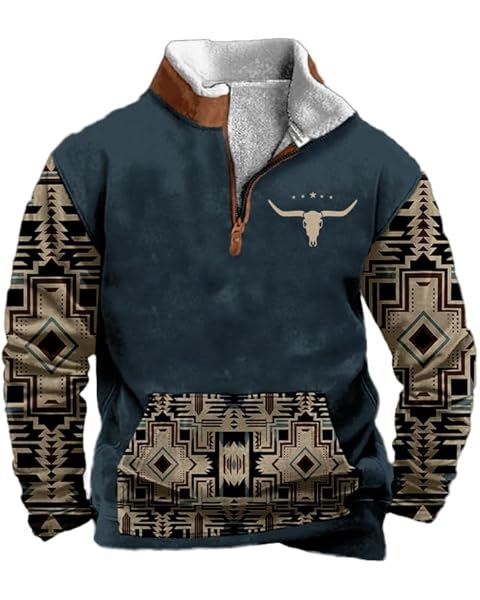 Mens Western Sweatshirts Lapel 1/4 Zip up Aztec Cowboy Hoodies Country Fleece Winte...