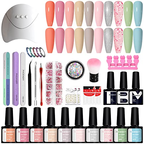 Kit Uñas Semipermanentes Completo Phoenixy 10 Colores Gel Kit Uñas de Gel con 36W U V/LED Lámpara Decoración de Uñas Arte o Salones kit manicura para Principiantes