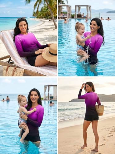 Image of Daci Women Two Piece Rash Guard Long Sleeve Swimsuits UV UPF 50+ Swim Shirt Bathing Suit with Boyshort Bottom