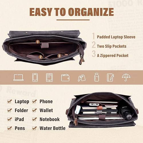 VASCHY 17 inch Laptop Messenger Bag, Vintage Waxed Canvas Leather Water Resistant Mens Satchel Briefcase Bag Business Shoulder Bag Gray - Thumbnail 5