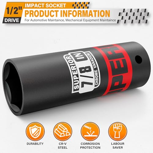 Image of 1 /2 inch Drive Impact Socket, 7 /8 inch Deep Socket, SAE, 6 Point, CR-V, for Car Repair, Loosen the Fastening Nut