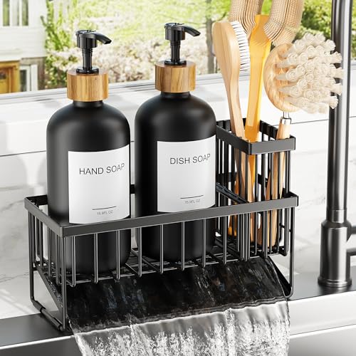 Image of Cisily Kitchen Dish Soap Dispenser Set with 2 Pack 16.9oz Black Glass Bottle and Sponge Holder, Dish Soap Dispensers with Adjustable Sponge Holder, Vintage Hand and Dish Soap Dispensers Set