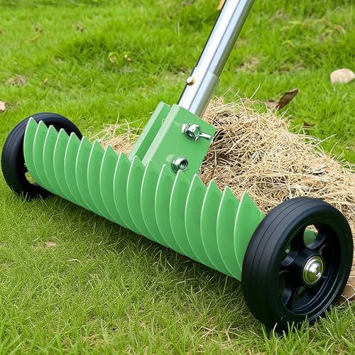 Thatch Rake for Lawn 15-Inch Dethatcher Rake with Rolls Efficient Steel Metal Rake Dethatching Rake Adjustable 0-15 38-68 Inch Handle Heavy-Duty Thatching Rake for Cleaning Dead Grass(Green)