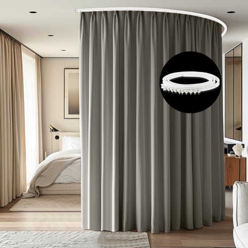 Image of Room Divider Ceiling Mounted Curtains Track Sets Extra Wide Blackout Curtain Flexible Tracks for Bedroom Privacy Partition Separator, 1 Panel Light Grey Drape and White Rail, W10 x H9ft