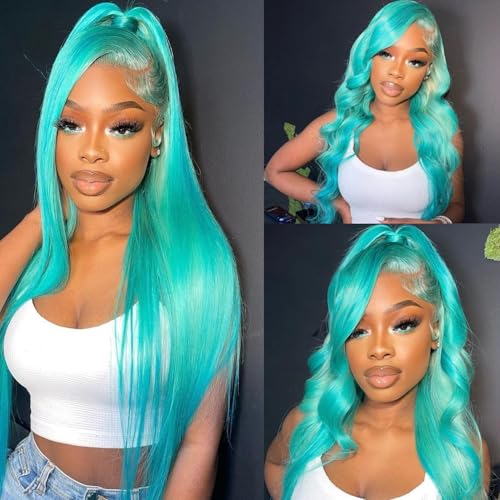 Ubetta Aqua Blue Lace Front Wig Human Hair Transparent 13x6 Lace Front Wigs Human Hair Pre Plucked 20 Inch Colored Turquoise Blue Wigs 180% Density HD Frontal Wig for Women