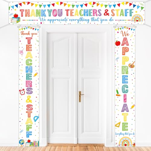 3Pcs Teacher Appreciate Banner Decor Thank You Teachers and Staff Porch Sign Banner We Appreciate You Hanging Banners Backdrop for Teacher Staff Coworker Employee School Office Party Supplies（White）