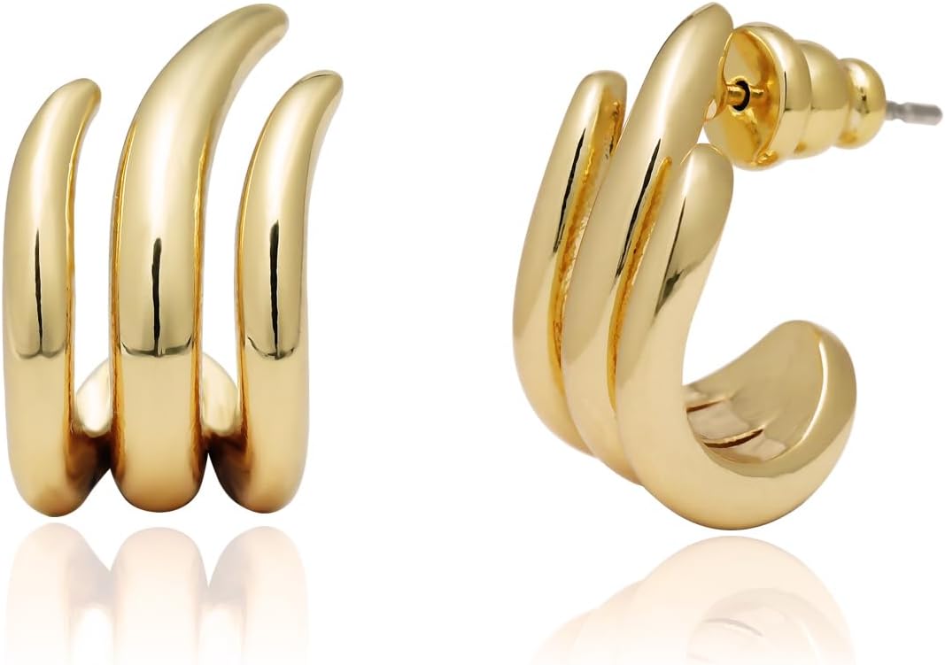 Obidos 14K Gold Plated Illusion Stud Earrings for Women | Triple Huggie Hoop Earrings for One Hole| Trendy Simple Hypoallergenic Fashion Accessories Gold Jewelry Gifts for Womens