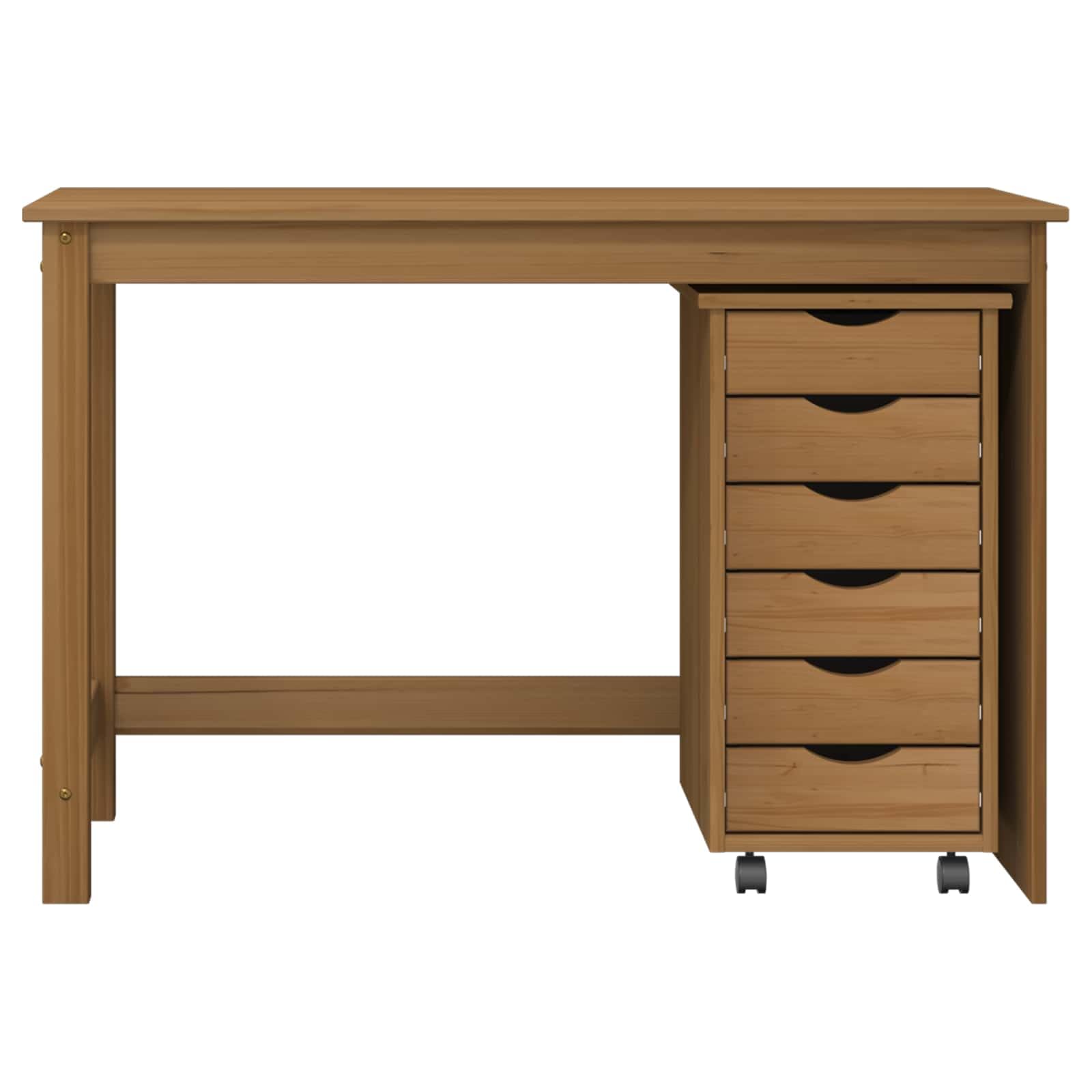 Moss Desk und Rollcontainer Set aus Massivholz Kiefer honigbraun, 2-teilig, 6 Schubladen, 4 Rollen, für Homeoffice, Arbeitszimmer, Stauraum für Dokumente und Zubehör