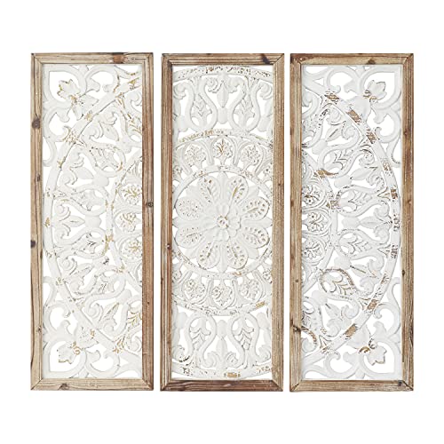 Deco-79-Wood-Floral-Intricately-Carved-Wall-Decor-with-Mandala-Design-Set-of-3-35-35-35H-White