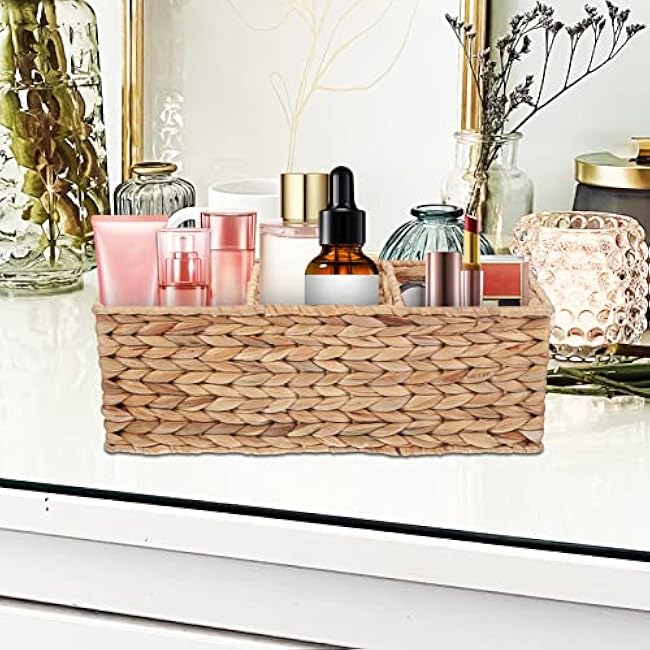 Woven Divided Basket 3 Section Wicker Baskets Hand Woven Storage Basket Tea Bag Sugar Packet Holder Coffee Station Condiment Organizer Divided Storage for Drawer