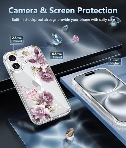 Image of Elzzi Transparent Flower Cover for iPhone 17 Case Shockproof Floral Design Full Camera Protection Shockproof PC+TPU Covers for Girls & Women (Deep Purple)