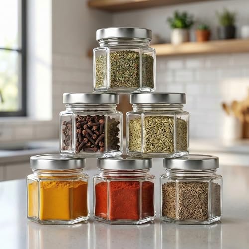 Image of Cute Hexagonal 50 grams Airtight Glass Jar Containers for Honey, Spices & other Kitchen Items with Rust Proof Black Color Caps -Set of 06