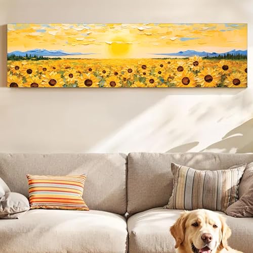 Image of Abstract Sunflower Field Landscape Stretched Canvas Wall Art Painting for Living Room, Horizontal Floral Sunrise Canvas Wall Decor For Livingroom, Bedroom, Office, Hallway's, Hotel 12x46 Inch