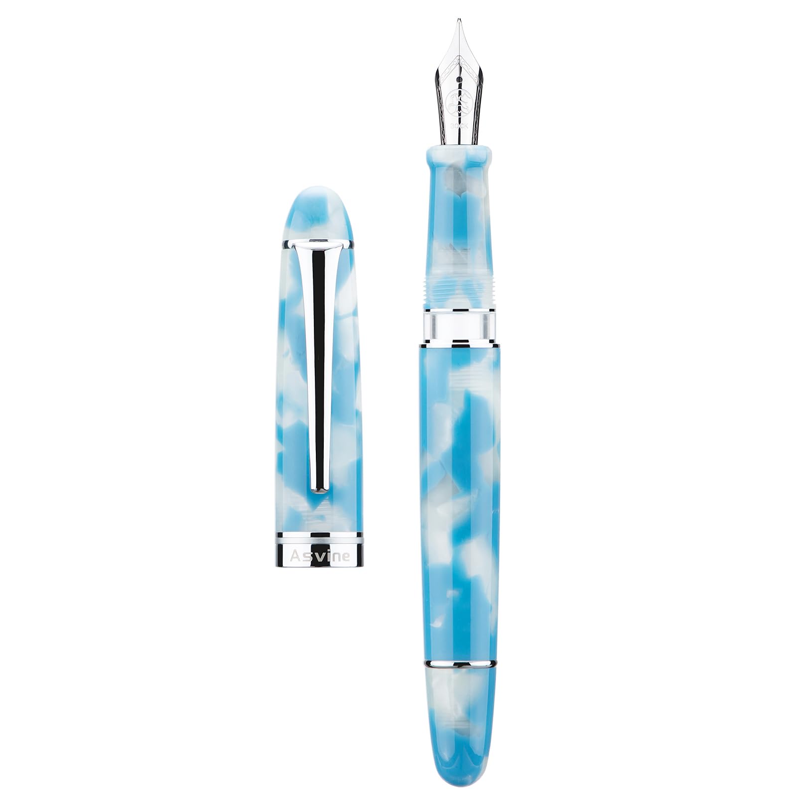 Asvine P50 Piston Fountain Pen Bock Fine Nib Sky Blue Resin, Silver Trim Smooth Writer Collection with Pen Case Gift Set