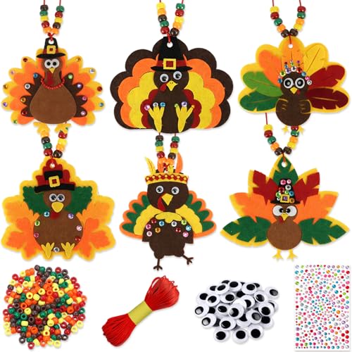 Ertyjikg 18 Pack Thanksgiving Necklace Crafts,Thanksgiving Make A Turkey Necklace DIY Craft for Fall Party Gifts Supplies Classroom Prizes Activities(6 Styles)