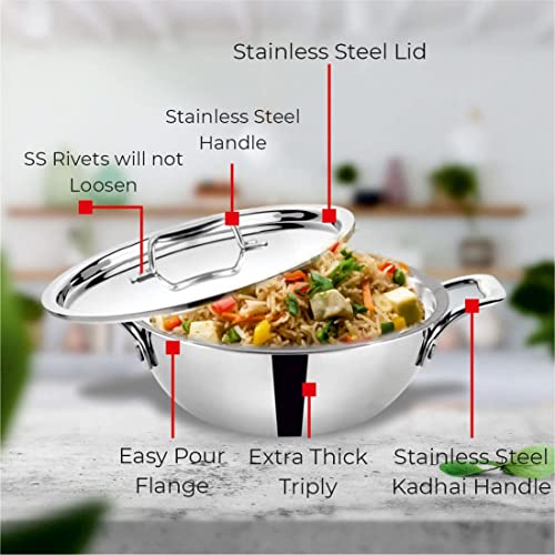 Image of BALTRA Triply Stainless Steel Kadhai with Lid | Perfect Kadhai for Curry /Stir-Fry /Deep-Fry /DryVeg /Saute Induction Friendly Naturally Non-Stick | 5 Years Warranty, 30cm, 5.4 litres Kadai for Cooking