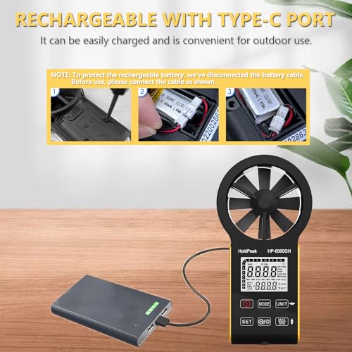 HOLDPEAK Digitales Anemometer, VMC, Windmesser, Messung der Windgeschwindigkeit/Temperatur, USB-C, LCD-Display, Hintergrundbeleuchtung, tragbarer Anemometer für den Außenbereich, für Kitesurfing