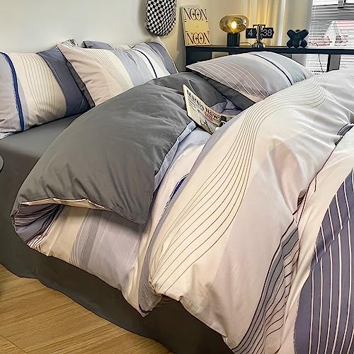 Eavd Modern Style Blue Grey Striped Duvet Cover Queen Soft 100% Cotton Chic Striped Bedding Set With 2 Pillowcases Boho Geometric Duvet Cover With Zipper Closure #TOP5