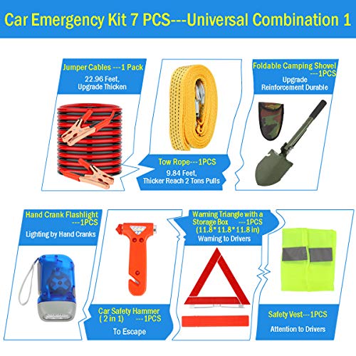 Manfiter Car Emergency Kit with Jumper Cables-19.68 ft,Roadside Emergency Car Kit First Aid Kit,Tow Rope,Reflective Warning Triangle,8-in-1 Screwdriver,Tire Pressure Gauge, Window Breaker,79 Pieces