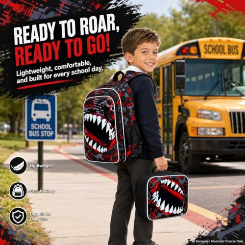 Image of 3Pcs Boys Backpack, 17 inch Shark Bookbag for Elementary Preschool Kindergarten, Kids School Backpacks with Lunch Box (Red)
