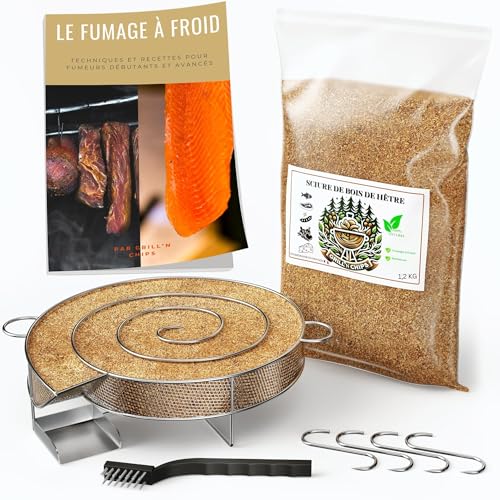 Générateur/Serpentin de Fumée Froide pour Fumoir Viande et Poisson + 1.2kg de Sciure de bois de hêtre + 4 crochets et 1 Brosse de nettoyage - Guide Numérique PDF à...