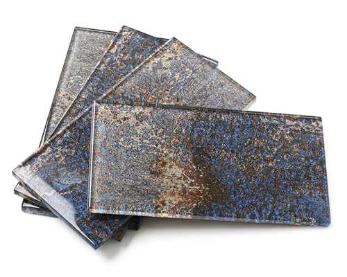 Blujellyfish Glass Subway Tile 3x6 Inch Antique Blue Tiles for Kitchen Backsplash Bathroom Accent Wall Glass Mosaic Tile (Pack of 20)