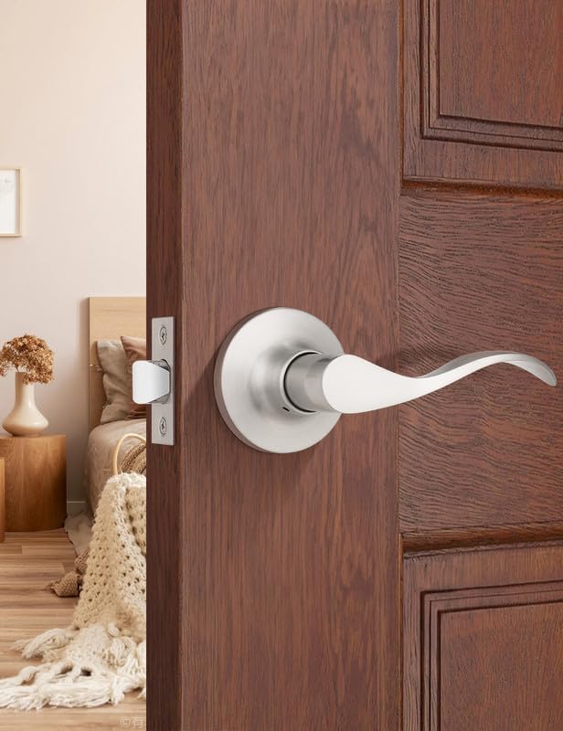 Image of Mengico 1 Pack Satin Nickel Modern Interior Passage Door Knobs, Keyless Door Handle for Hallway & Closet, Wave Style Non-Locking Door Lever Reversible for Left & Right Handed