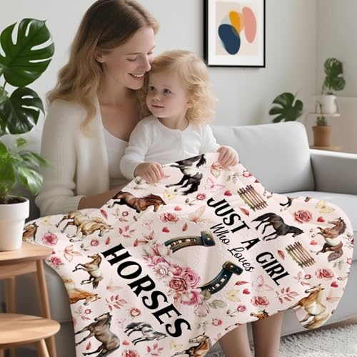 Horse Blanket for Girls Women,Just A Girl Who Loves Horses Flannel Blanket Gifts,Ultra Soft Pink Flowers Throw Decor for Bed Couch Living Room，40"x50"-Kids/Throw Size - image 5