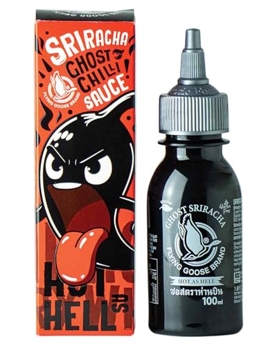 FLYING GOOSE Sriracha Chilisauce Ghost, mit extra Schärfe, extrem scharf, schwarze Kappe, extra scharfe Würzsauce aus Thailand, mit Geschenkverpackung, ideal zum Verschenken, 1 x 100 ml