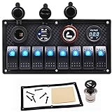 8 Gang Rocker Switch Panel for Boat Waterproof Toggle Switches 12V LED Aluminum Switch Panel with Circuit Breaker 3.1A USB Charger Voltmeter ON/Off for Car Truck Marine Switch Panel (8Gang Blue)