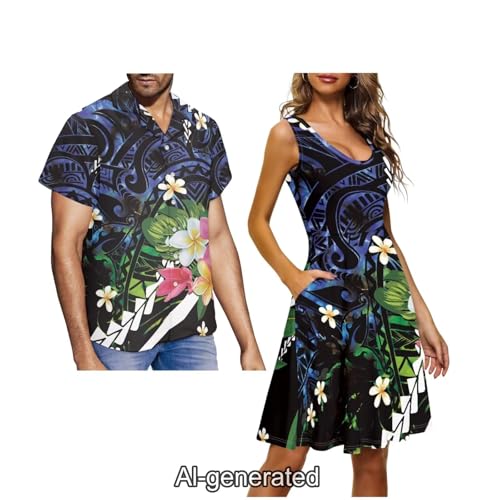 Image of Dreaweet Summer Dresses for Women A-Line Sleeveless Flowy Sun Dresses,Men's Casual Button-Down Shirts,Couple Matching Outfits