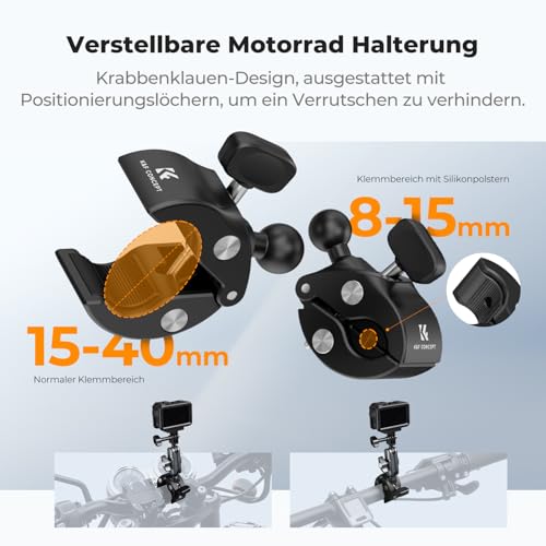 K&F CONCEPT Motorrad-Fahrradhalterung für DJI Osmo Action/Gopro Hero/Insta 360/Handy, 360° verstellbar Magic Arm mit Action Camera Adapter und 1/4 ′′ Adapter