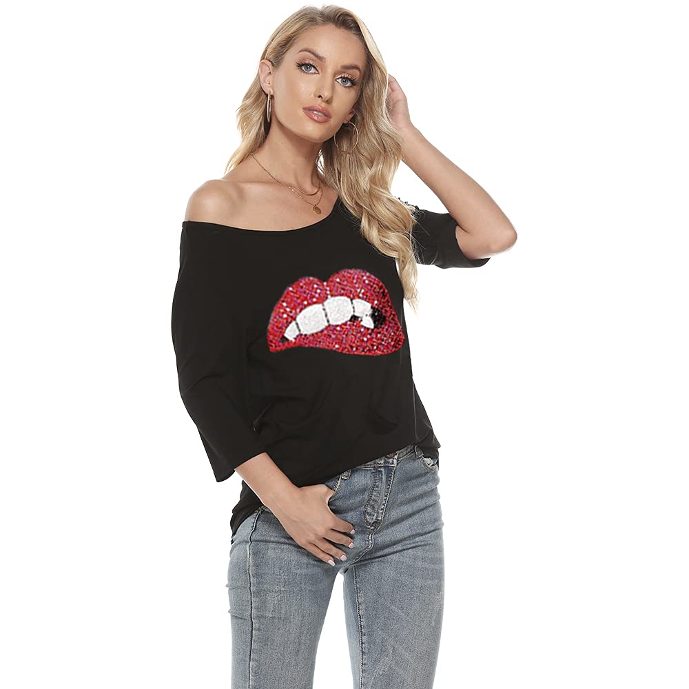 MAGICMK Women Casual Plus Size Lips Print Off Shoulder T-Shirt Tops
