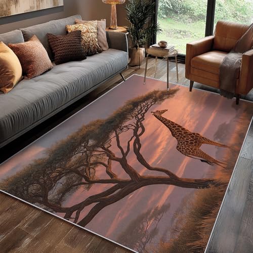 Générique Tapis Salon 80x150 cm Girafe, Tapis Imprimé Prairie, pour Chambre à Coucher, Descente de Lit, Moquette Decoration Interieur, Lavable, Poil Ras,...