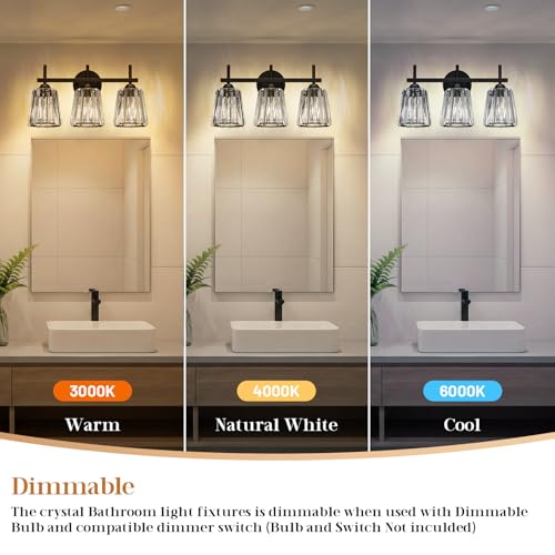Image of Crystal Bathroom Light Fixtures Over Mirror, Black 3-Light Bathroom Vanity Lights Over Mirror Modern Wall Lighting Sconces with Ceramic E26 Base (Bulbs Not Include)