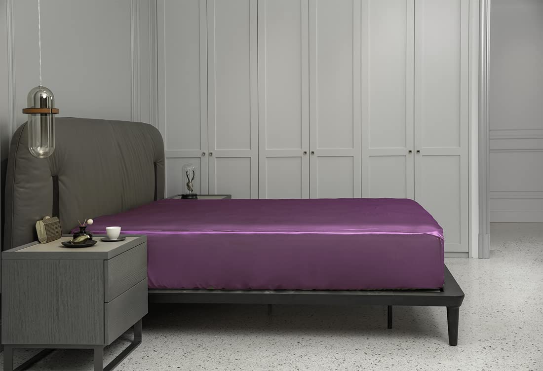 3 Pieces 100% Silk Fitted Sheets Set, with 2 Pillowcases, 16 inch Deep Pockets, Super Soft Durable Natural 22 Momme Mulberry Silk on Both Sides, King Size, Purple