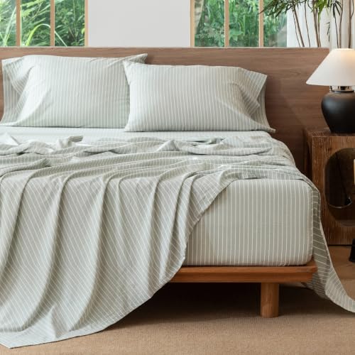 Image of MooMee Striped Sheet Set 100% Washed Cotton Linen Like King