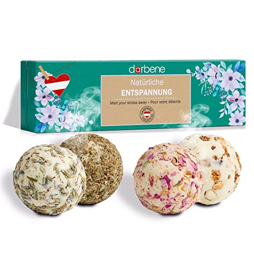 Badebomben Geschenkset - 4 BIO Badekugeln aus Österreich - Badezusatz für pure Entspannung, ätherische Öle - Geschenkidee, Geschenkbox, Valentinstag, Männer und Frauen, Badebomben Set Cover