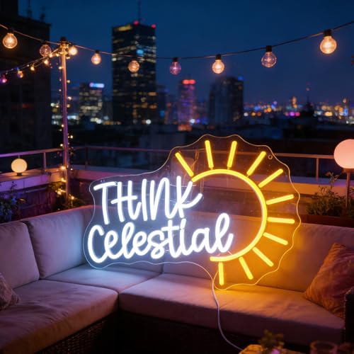 Image of inchThink Celestial inch Inspirational Neon Light - Cosmic & Expansive LED Wall Art for Meditation Space, Study, Bedroom or Yoga Room Decor, Dimmable USB, Uplifting Gift for Spiritual Seekers & Dreamers