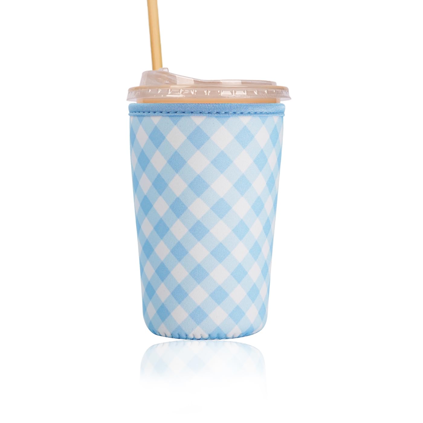Reusable Insulated Sleeve for Iced Coffee Cup, Coffee Neoprene Sleeve for Cold &amp; Hot Drinks, Beverage Holder for Iced Coffee (Sky Gingham, Medium: 22-24oz)