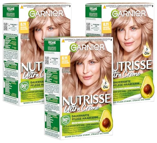Garnier Nutrisse Dauerhafte Pflege-Haarfarbe mit nährenden Fruchtölen, Coloration mit 8 Wochen Halt, Ultra Crème Tönung, 8.11 Aschiges Hellblond, 3er Pack