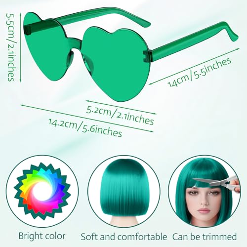 Image of MEEZY Blue Green Short Bob Wigs Straight Hair with Flat Bangs Heart Sunglasses for Women, Colorful Funny Cosplay Party Neon Wig Synthetic Natural As Real Carnival Halloween Costume