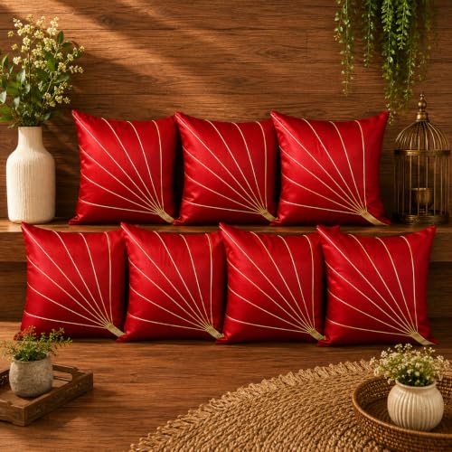 Image of Noor Silk Cushion Covers Pack of 7 | 16x16 Inches, Red