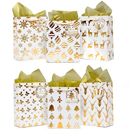 12 Pack Christmas Holiday Foil Gold Gift Bags with Tissue Papers and Name Card Tags; Assorted White Winter Prints for Party Favors Goody Bags, Xmas Presents, Classrooms and Wrapping Stocking Stuffers.