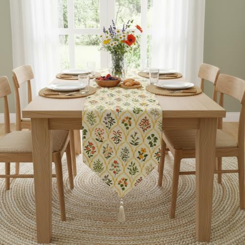 Image of COZY FURNISH Luxury Floral Table Runner for Dining Table - Soft Microfiber Cotton Bed Runner with Tassels | Decorative Runner for Kitchen, Bedroom & Centre Table