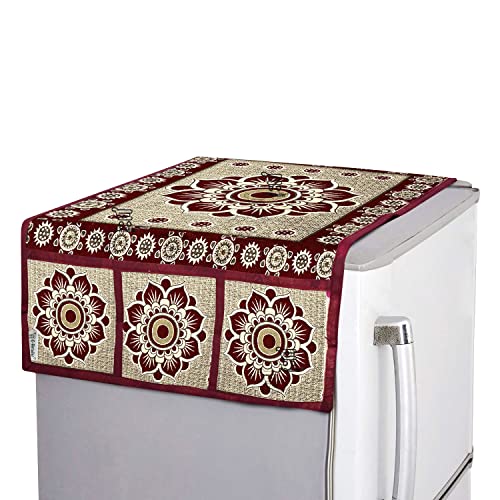 Image of Polyester Fridge 3-Layered Refrigerator Top Cover with 6 Side Pockets Dustproof Washable Kitchen Appliance Protector (Maroon, 39x21 Inch)